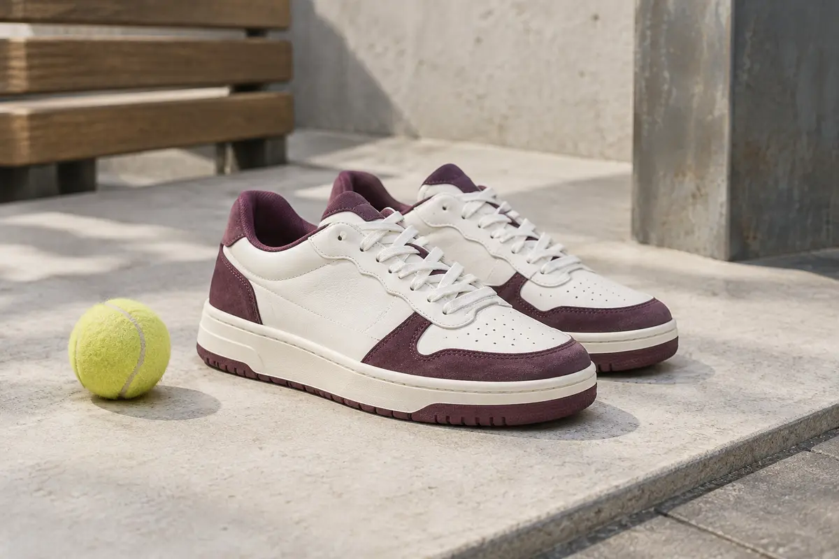 Baskets tennis lifestyle posées près d’une balle sur une dalle claire