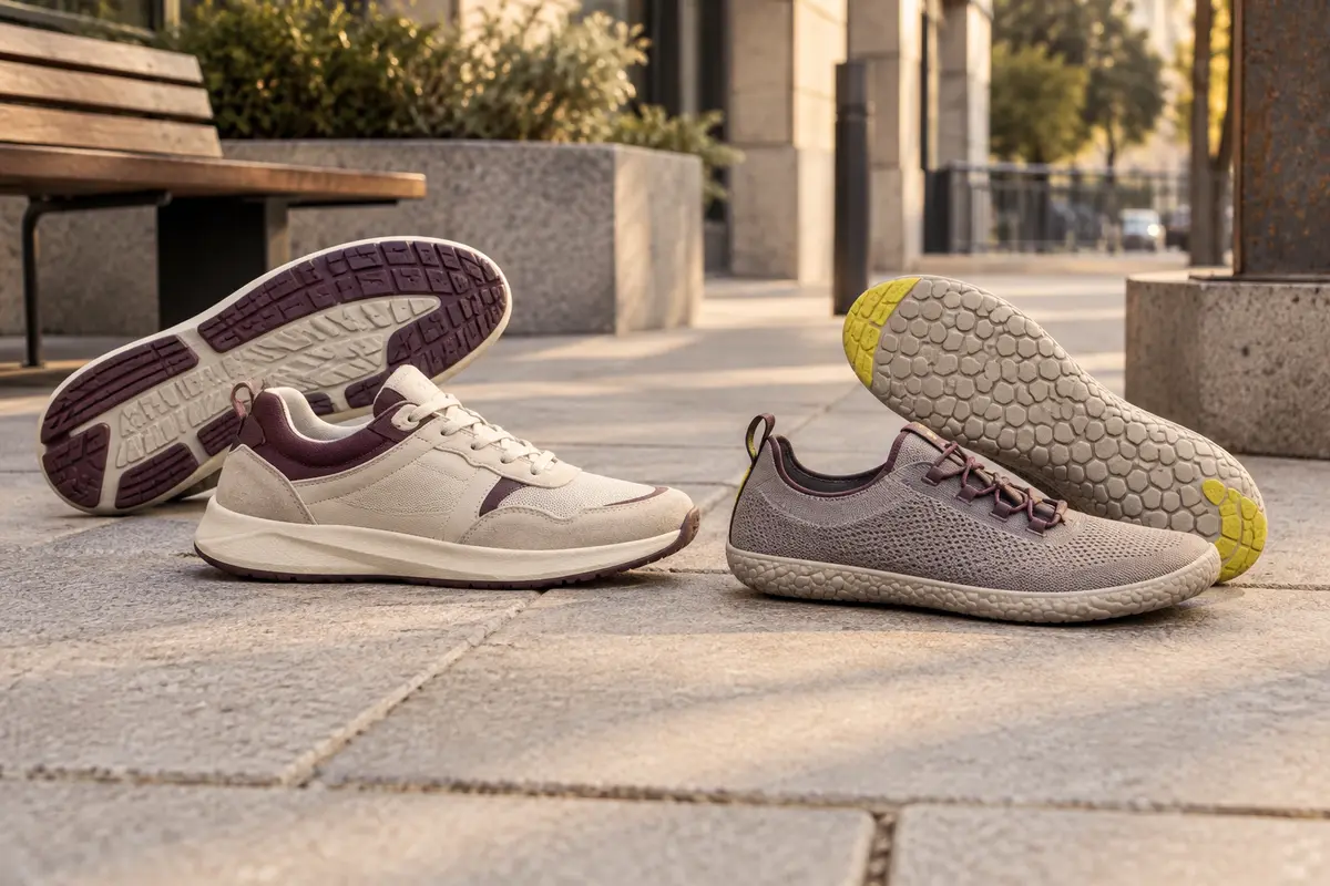 Baskets de marche urbaine et modèle barefoot posés sur un trottoir pavé