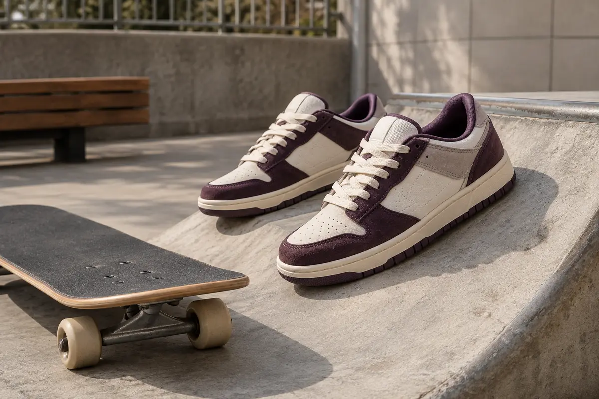 Baskets de skate posées près d’une planche sur une rampe en béton