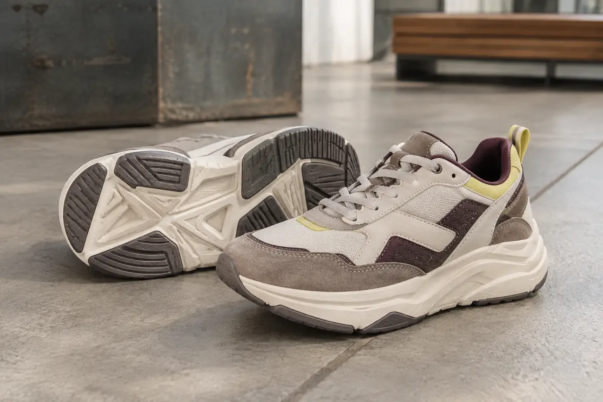 Paire de baskets de ville montrant le profil de la semelle et la forme du talon
