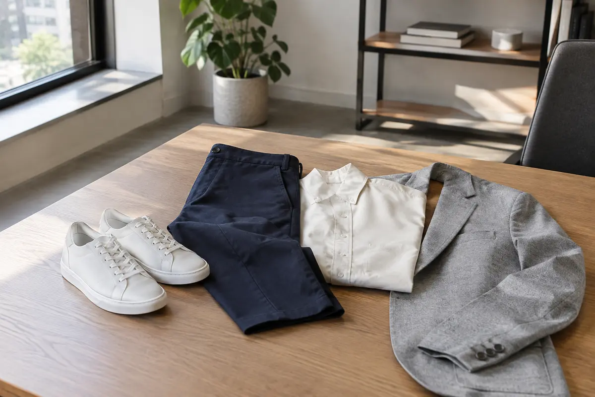 Baskets blanches sobres associées à un pantalon droit et une veste pour une tenue de bureau décontractée.