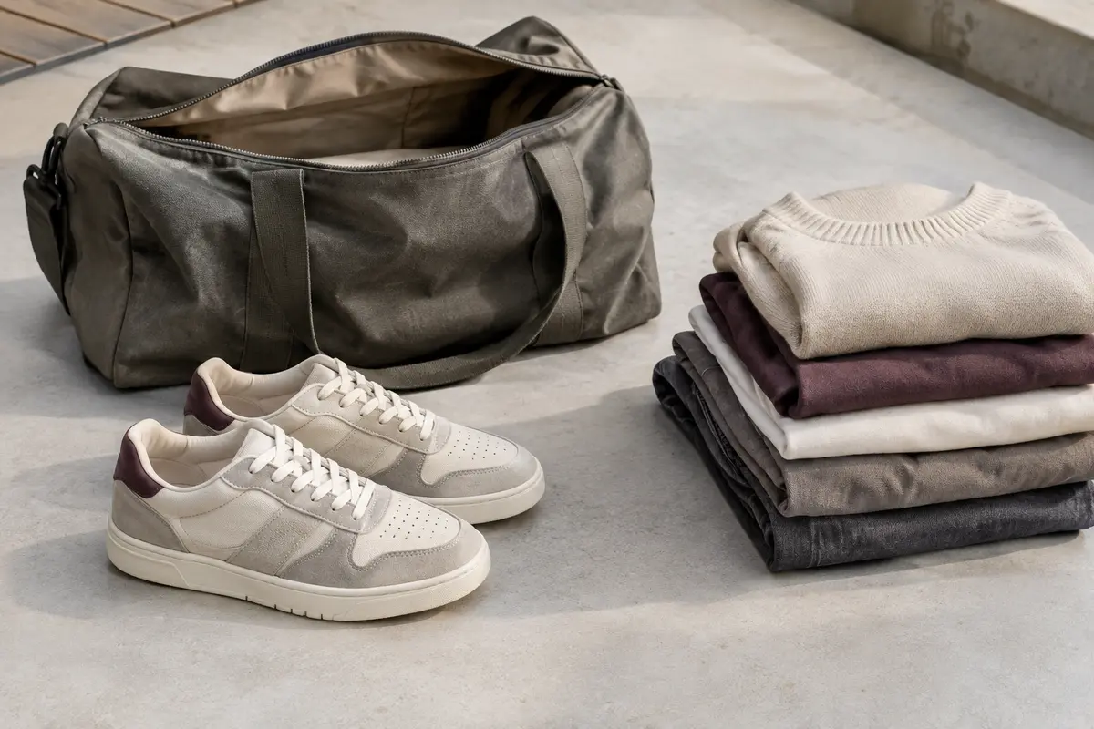 Baskets urbaines et vêtements pliés près d’un sac de week-end ouvert