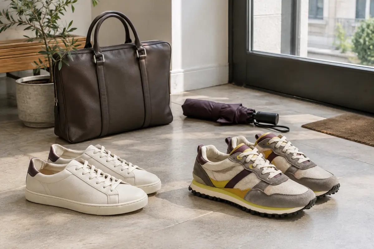 Deux styles de baskets de ville près d’un sac de travail et d’un parapluie, prêts pour les trajets quotidiens.