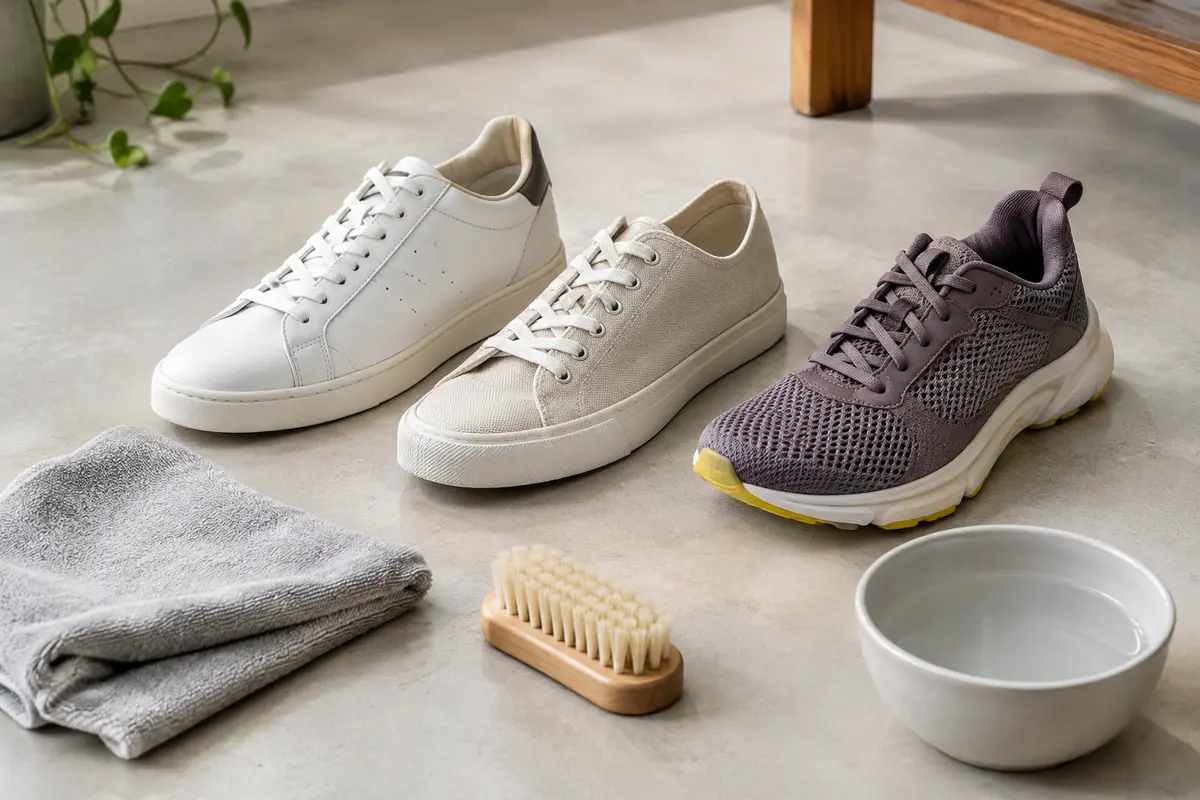 Trois baskets urbaines en cuir lisse, en toile et en matière synthétique près d’un chiffon et d’une brosse douce.