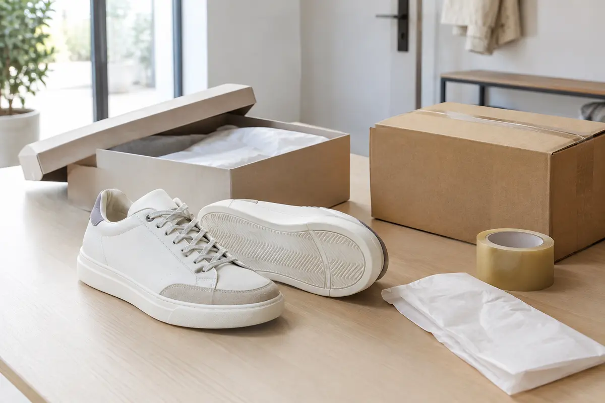 Baskets de ville propres à côté de leur boîte et d’un carton prêt pour un retour