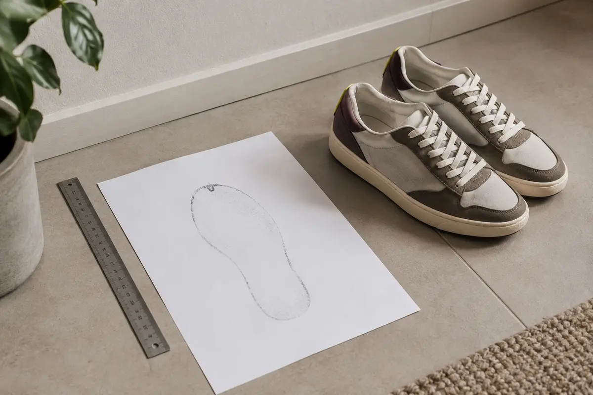 Feuille contre un mur, règle et baskets de ville illustrant la mesure des pieds avant un achat en ligne.