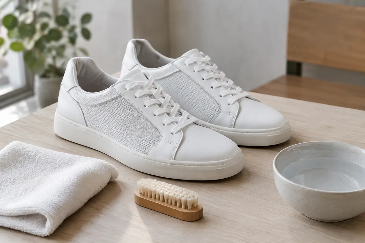 Baskets blanches et accessoires doux préparés pour un nettoyage adapté aux différentes matières