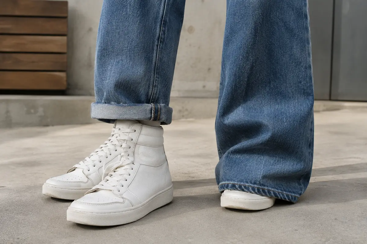 Pantalon droit à revers laissant voir la tige blanche de baskets montantes sur un sol urbain