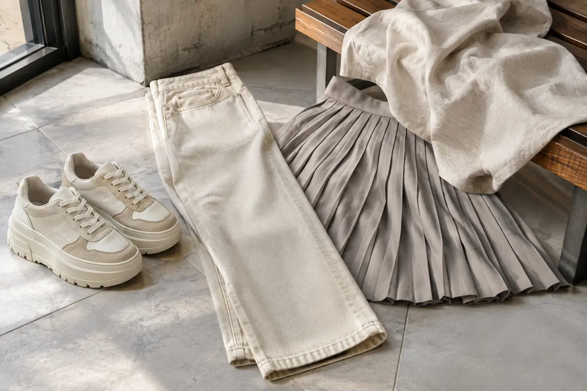Baskets à plateforme près d’un pantalon long et de tissus fluides pour illustrer l’équilibre des ourlets et des volumes.