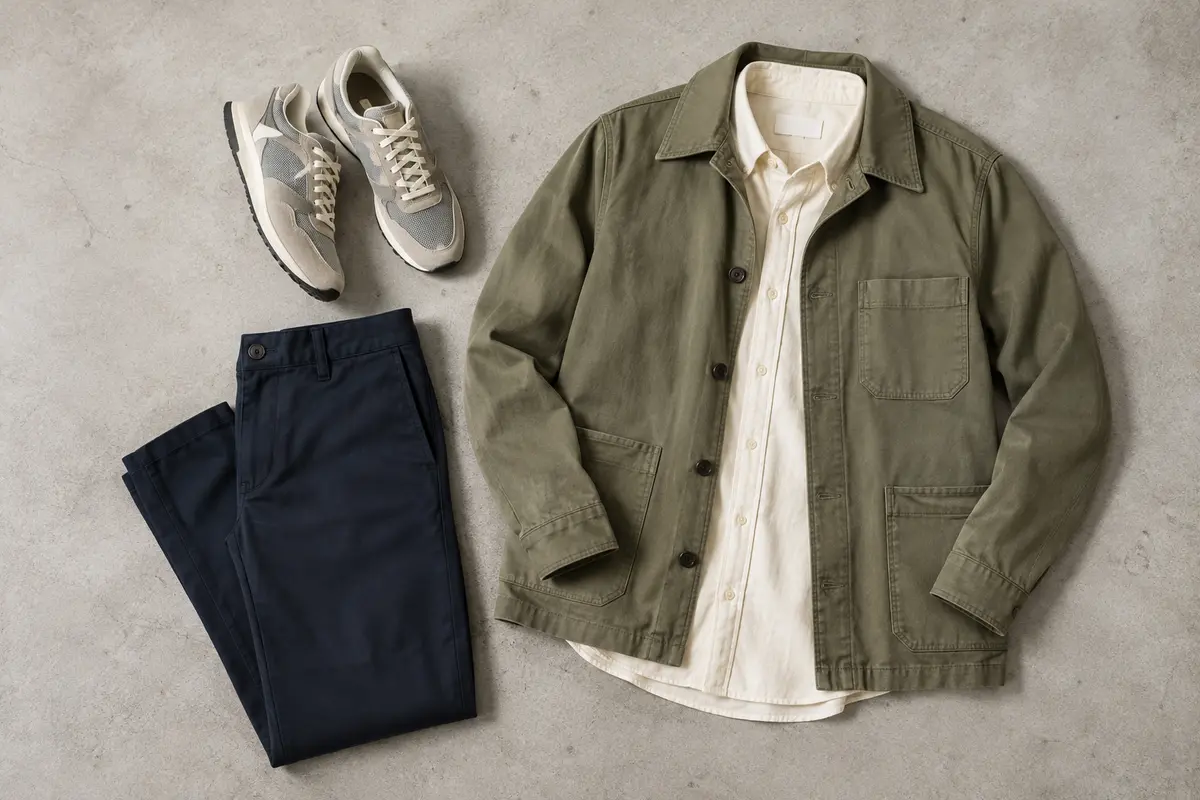 Baskets rétro-running grises associées à un pantalon droit, une chemise écrue et une veste urbaine