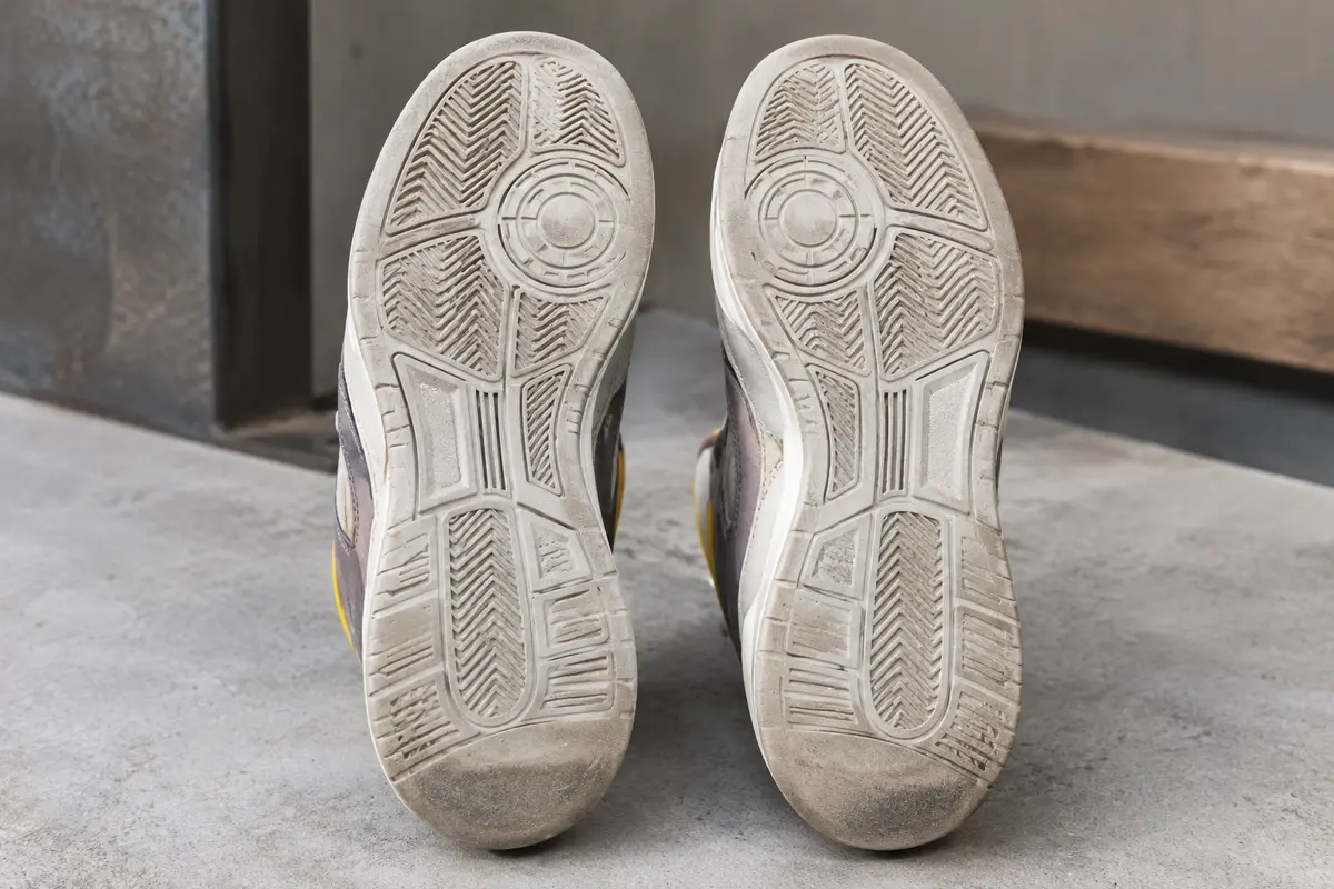 Semelles de baskets de ville côte à côte, avec des reliefs plus aplatis au talon et à l’avant-pied.