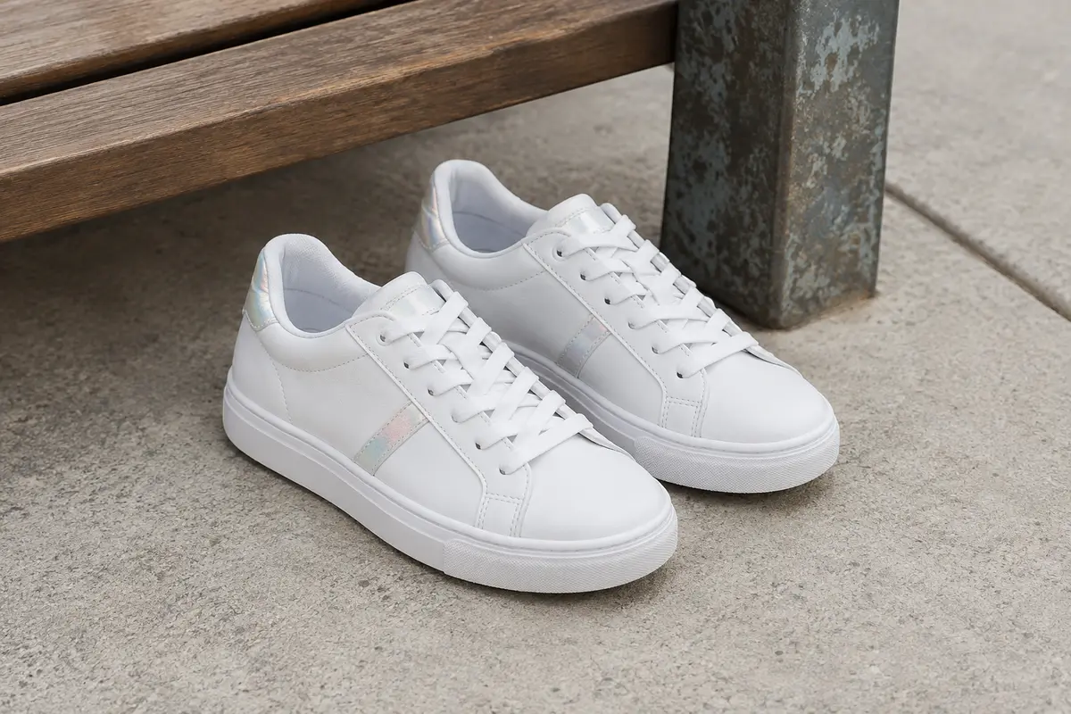 Baskets enfant blanches de style tennis à lacets, avec détails irisés et semelle cupsole en caoutchouc