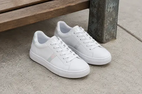Baskets enfant blanches de style tennis à lacets, avec détails irisés et semelle cupsole en caoutchouc