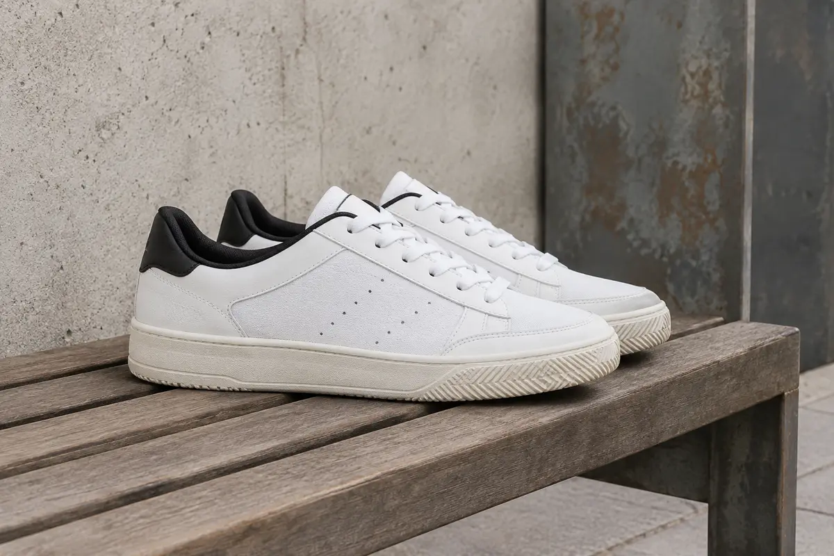 Baskets blanches Adidas Grand Court Base 3.0, lacets et semelle visibles, posées sur un banc en bois en décor urbain.