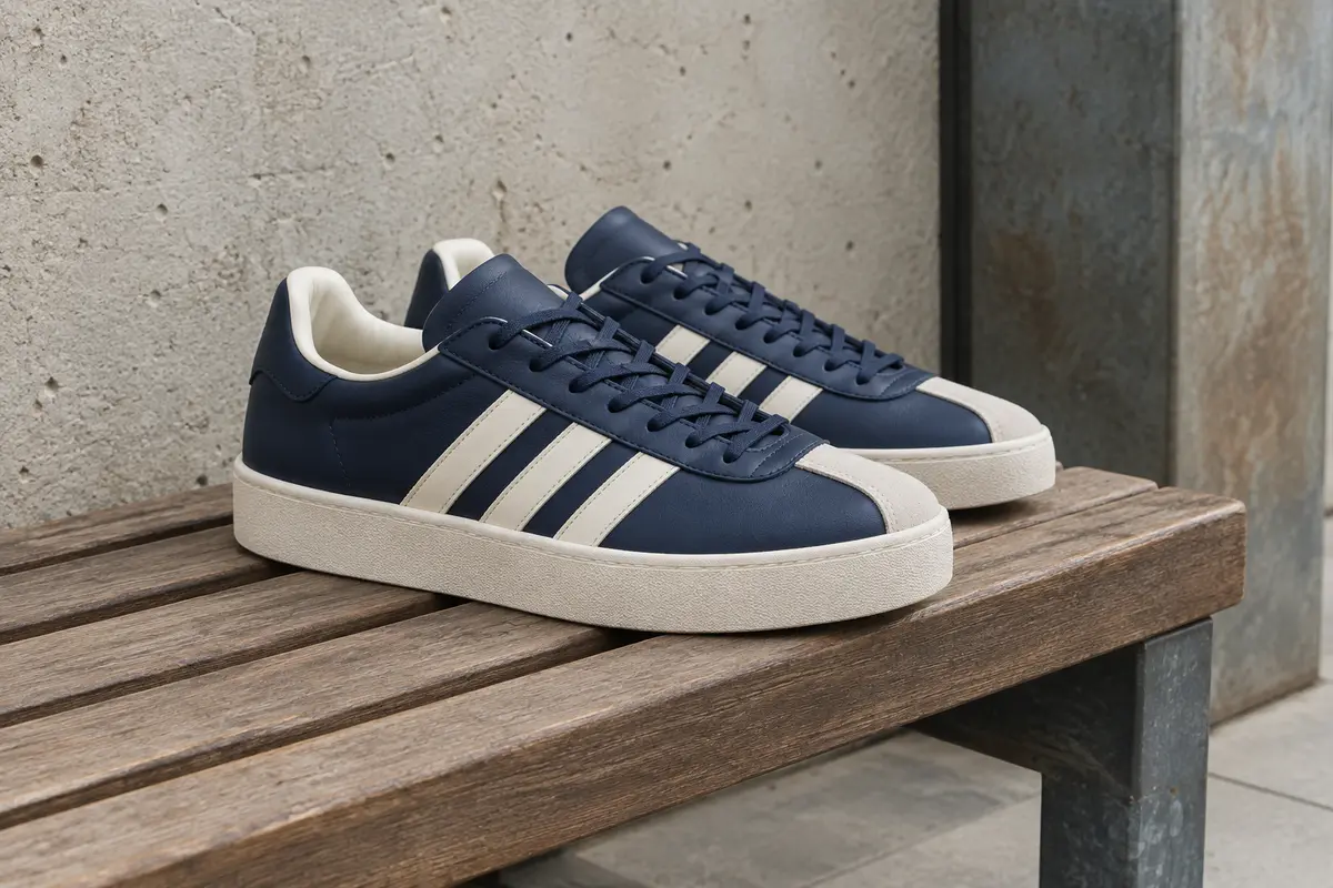 Baskets Adidas VL Court 3.0 en cuir posées sur un banc en bois dans un décor urbain clair.
