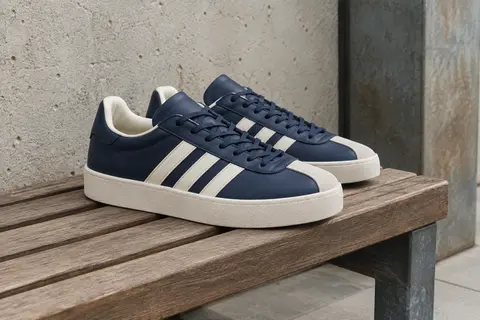 Baskets Adidas VL Court 3.0 en cuir posées sur un banc en bois dans un décor urbain clair.