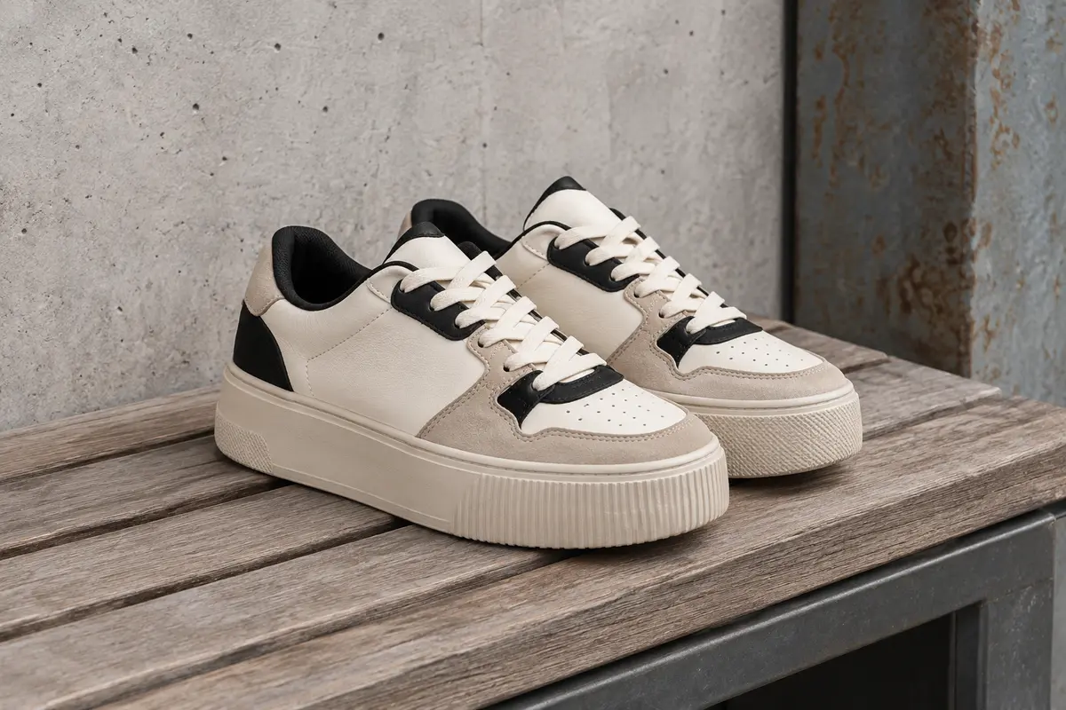 Baskets Adidas VL Court Bold à plateforme, tige claire et semelle épaisse mises en scène sur un banc urbain.