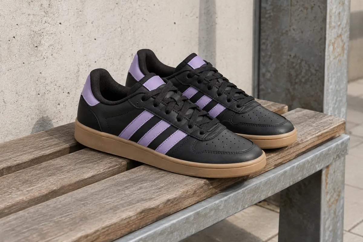Baskets Adidas Breaknet Sleek noires et lilas posées sur un banc en bois près d’un mur de béton clair.
