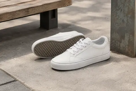 Sneakers de skate blanches à lacets, posées sur du béton clair près d’un banc en bois.