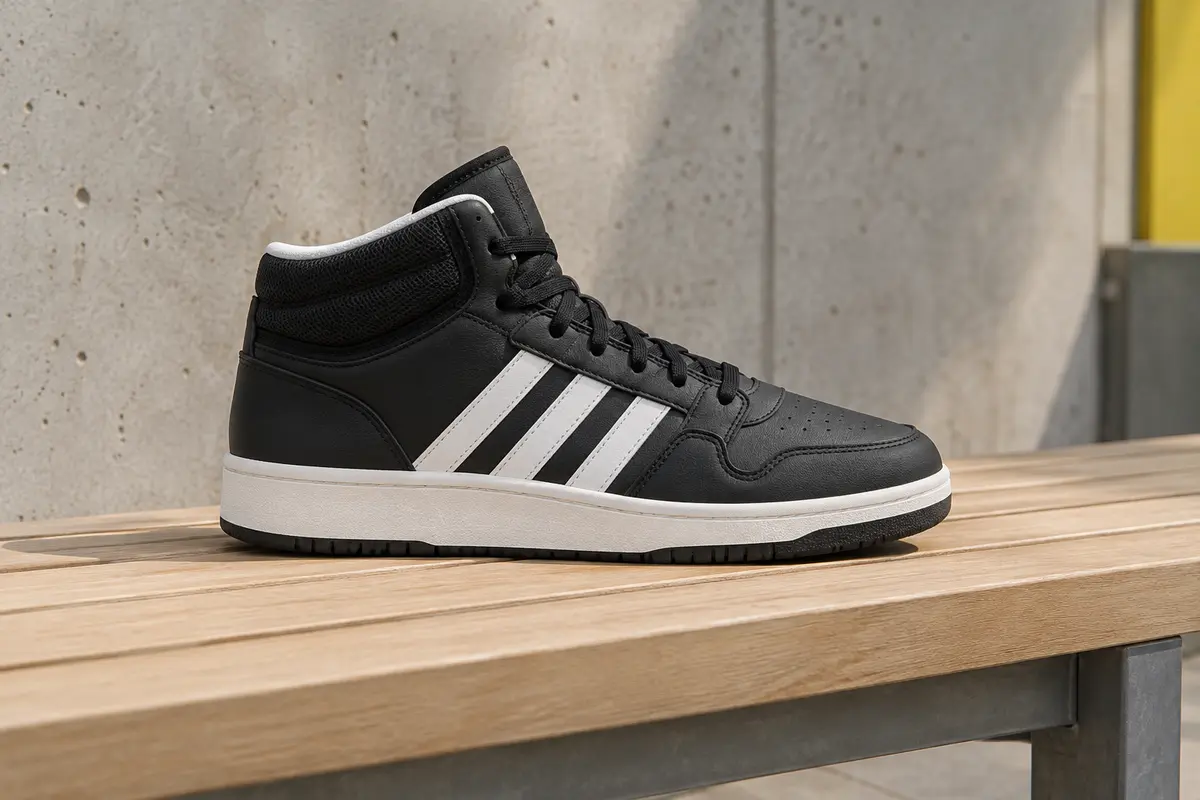 Baskets Adidas Hoops 3.0 Mid noires et blanches posées sur un banc en bois dans un décor urbain
