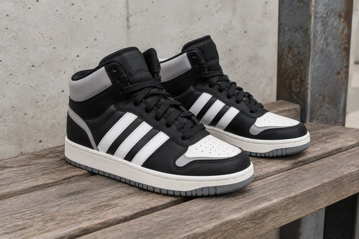 Baskets Adidas Hoops Mid Classic noires, blanches et grises posées sur un banc en bois en ville