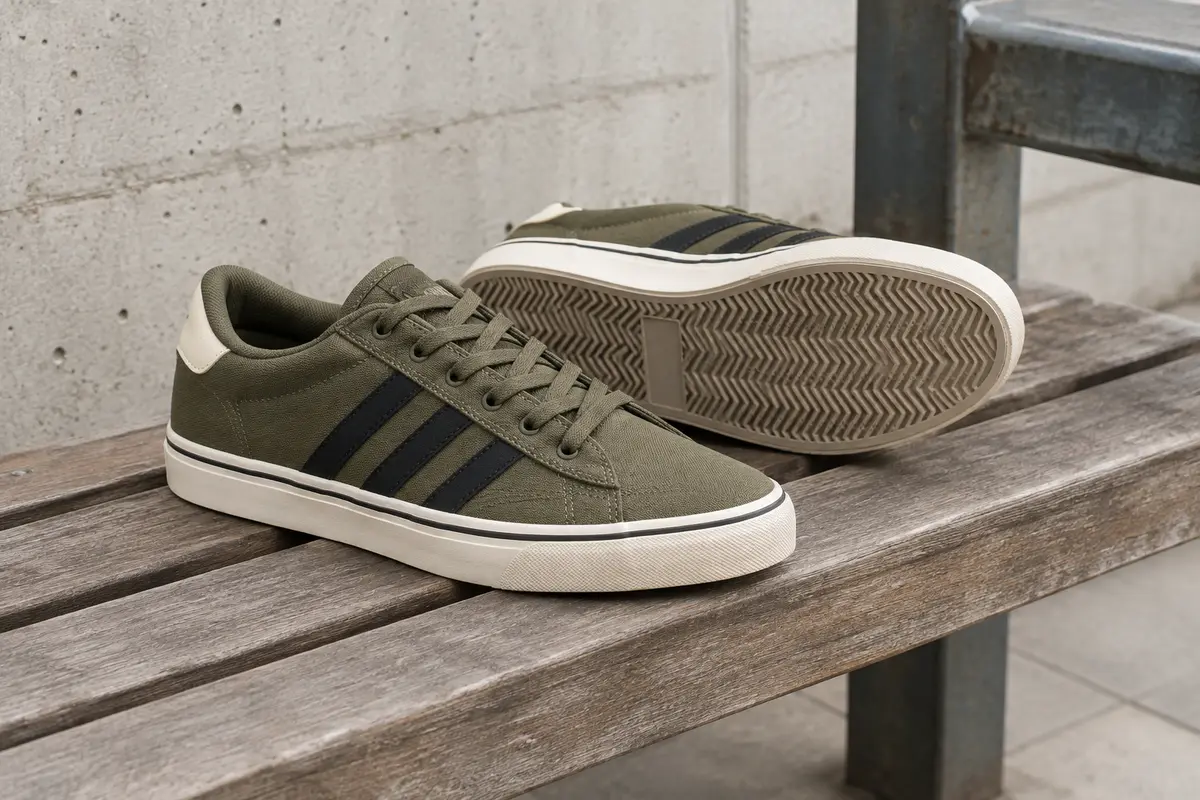 Baskets de skate Adidas à tige textile olive, bandes noires et semelle vulcanisée sur un banc urbain.