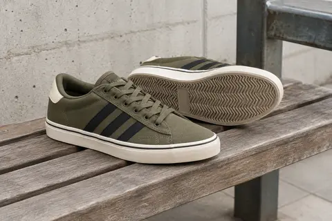 Baskets de skate Adidas à tige textile olive, bandes noires et semelle vulcanisée sur un banc urbain.