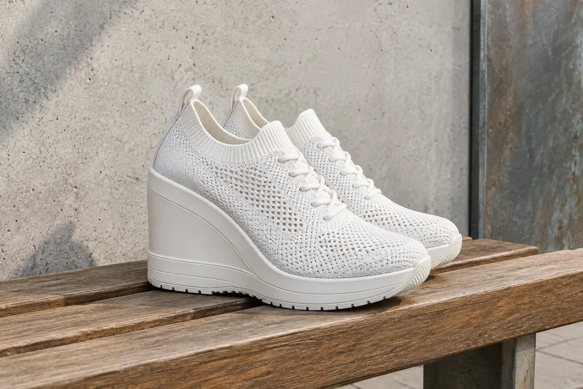 Baskets compensées blanches en maille respirante, posées sur un banc en bois devant un mur de béton clair.
