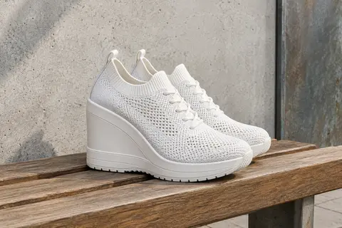 Baskets compensées blanches en maille respirante, posées sur un banc en bois devant un mur de béton clair.