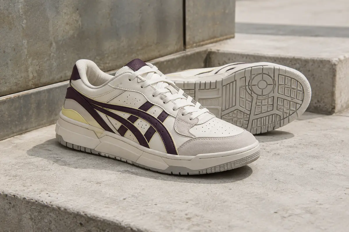 Sneaker Asics EX89 en cuir superposé, photographiée seule avec sa semelle graphique visible.