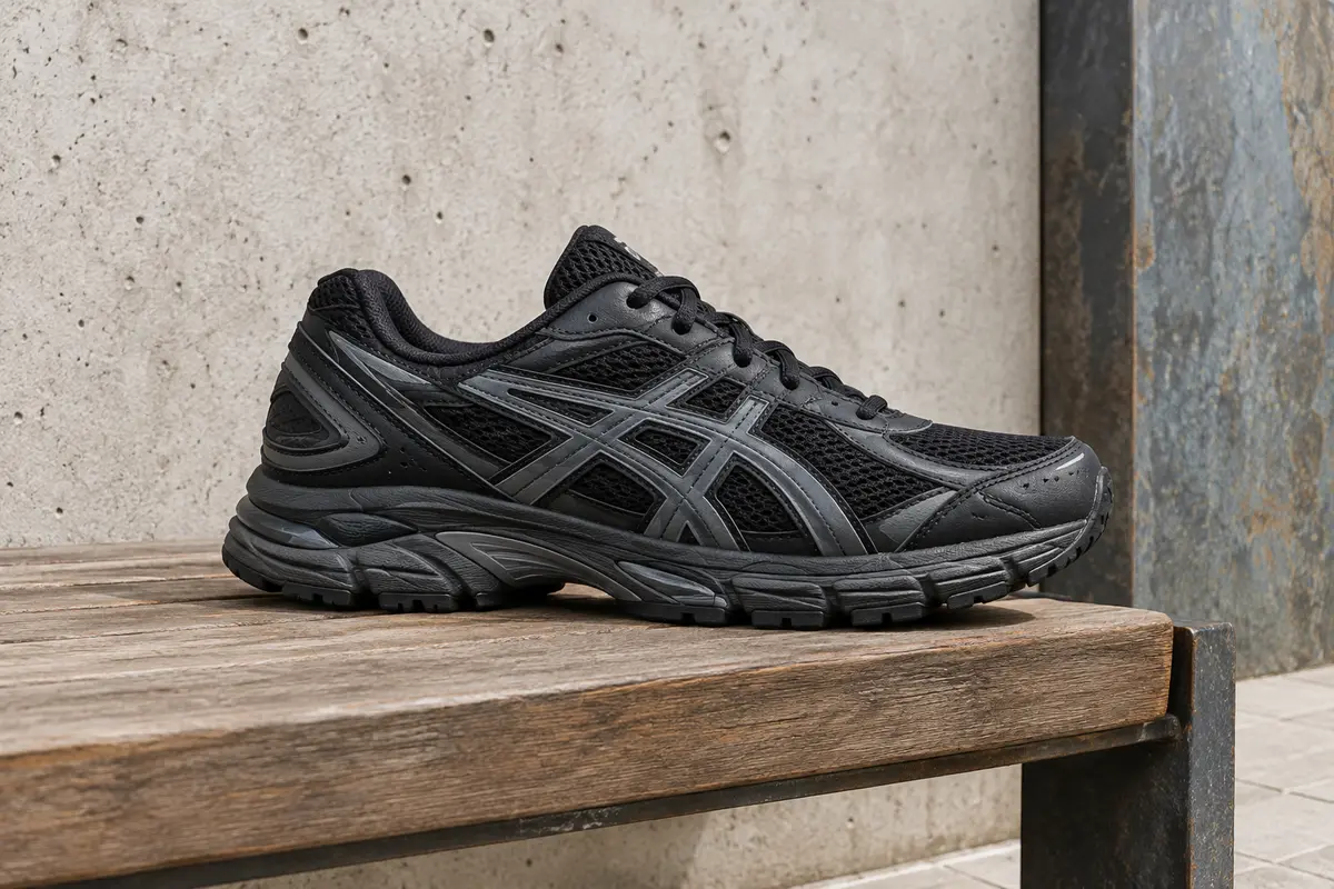 Sneaker Asics Gel-Mission noire et anthracite posée sur un banc en bois, semelle visible dans un décor urbain sobre.