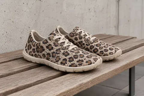 Paire de baskets Barezoey à motif léopard, avec tige en maille, pointe large et semelle plate zéro drop.