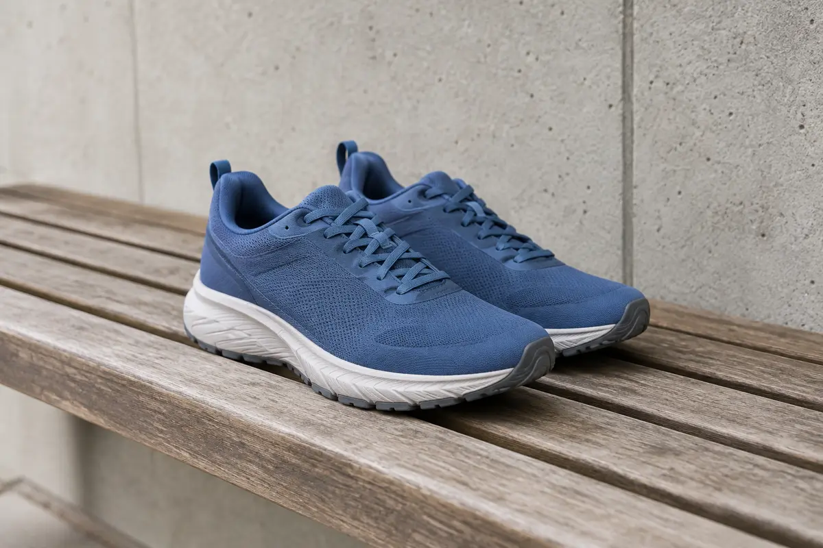 Baskets bleues inspirées de la course, à lacets et au motif uni, posées seules sur un banc en bois.