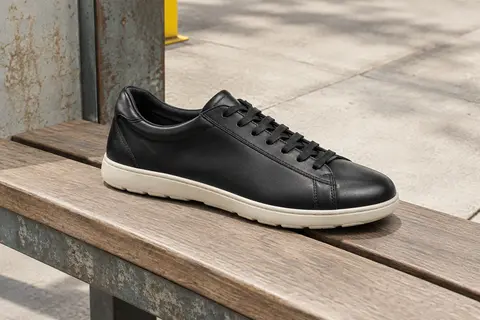 Basket basse Camper Runner Four noire en cuir, posée sur un banc en bois dans un décor urbain.