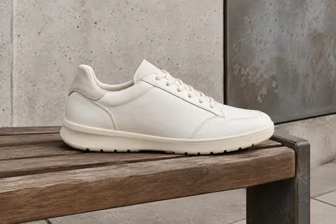 Sneaker basse blanche en cuir et EVA posée sur un banc en bois dans un décor urbain sobre