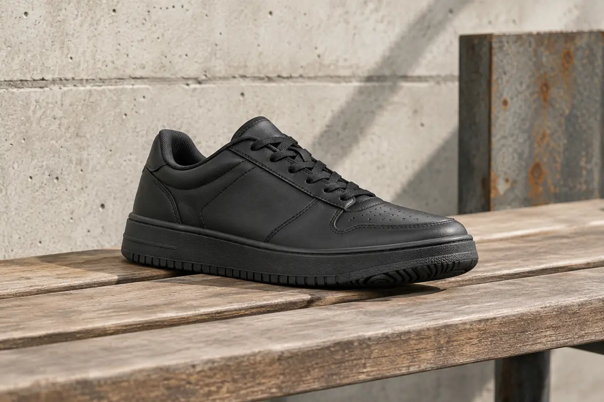 Sneaker Champion Newman noire posée sur un banc en bois dans un décor urbain sobre