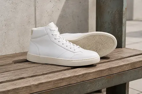 Baskets montantes blanches en simili cuir posées sur un banc en bois, dans un décor urbain sobre.