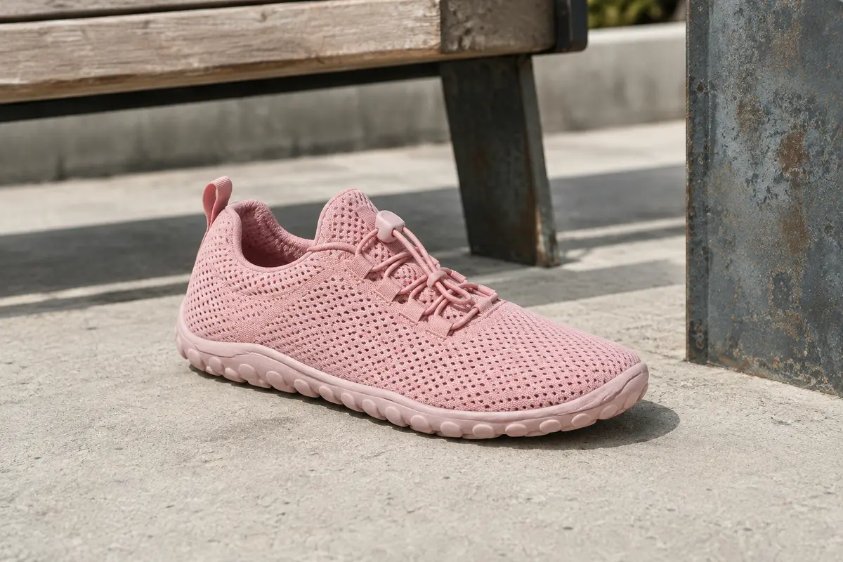 Basket barefoot rose en maille, sans lacets, avec semelle plate souple à reliefs