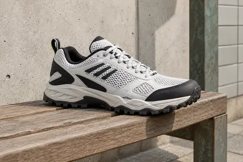Chaussure de marche basse blanche et noire en maille, posée sur un banc en bois près d’un mur de béton.