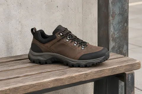Chaussure de randonnée basse en cuir sombre, semelle en caoutchouc visible sur un banc en bois