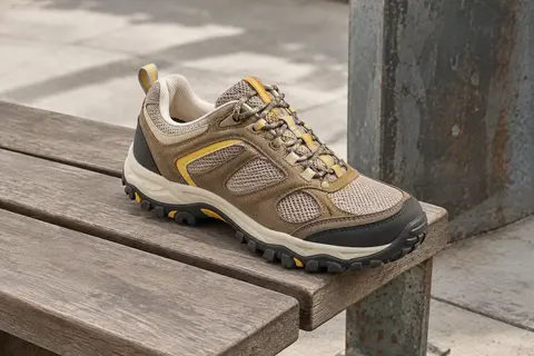 Chaussure basse de randonnée en daim et maille posée sur un banc de bois dans un décor urbain sobre.