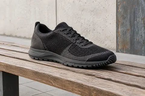 Basket basse noire et graphite en maille et daim, posée sur un banc en bois devant un mur de béton.