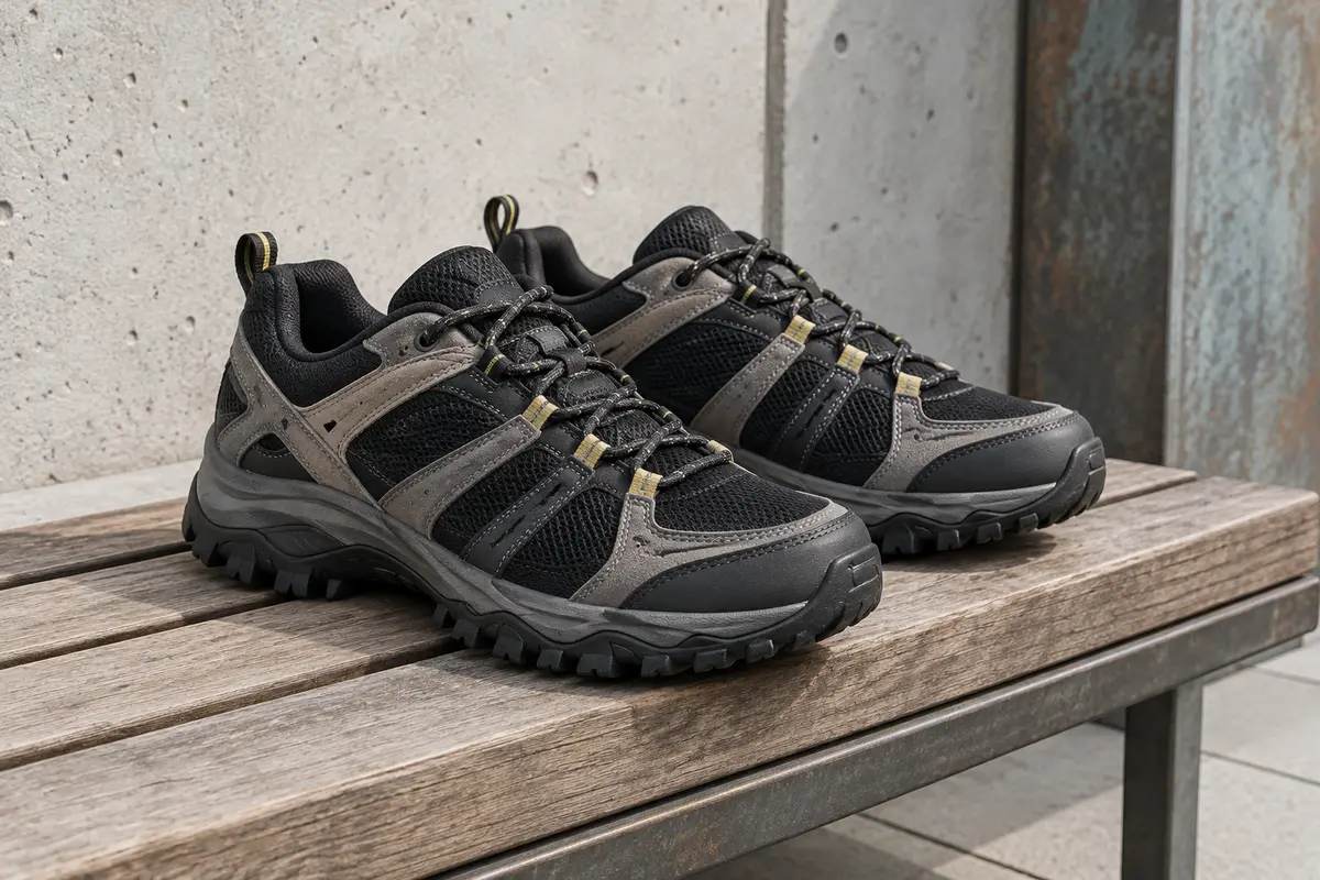 Chaussures de randonnée Columbia Peakfreak Venture noires et grises, avec tige en maille renforcée et semelle adhérente.