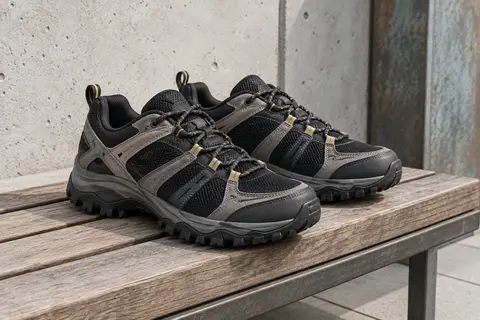 Chaussures de randonnée Columbia Peakfreak Venture noires et grises, avec tige en maille renforcée et semelle adhérente.