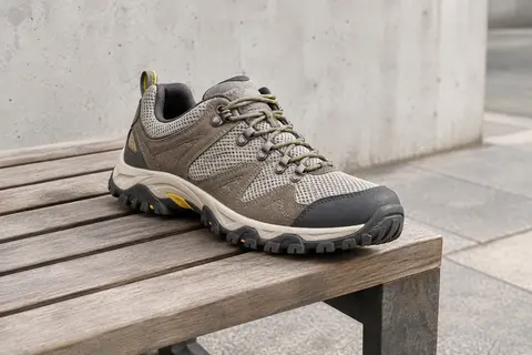 Chaussure basse de randonnée en maille et cuir suédé posée sur un banc en bois, semelle visible.
