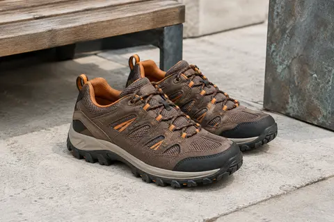 Paire de chaussures de randonnée basses en suède brun et orange, avec semelle à relief