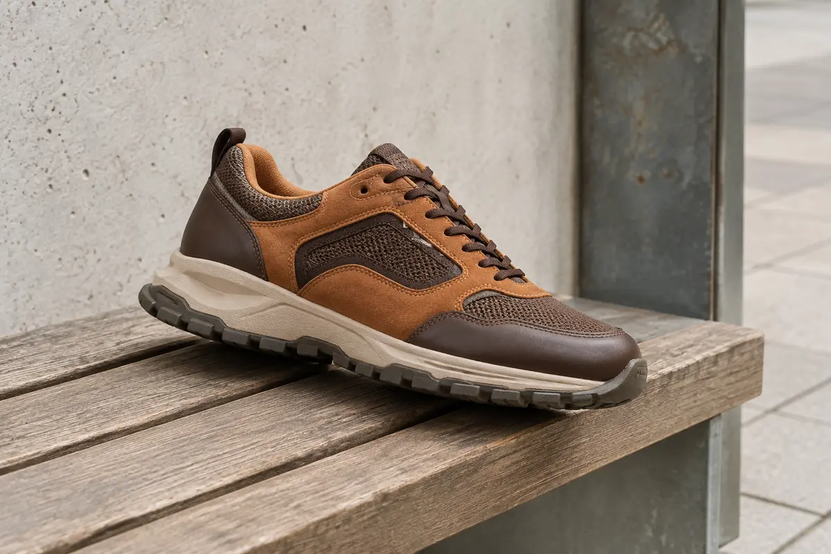 Chaussure Columbia en cuir et maille brun cannelle posée sur un banc en bois devant un mur de béton clair.