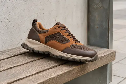 Chaussure Columbia en cuir et maille brun cannelle posée sur un banc en bois devant un mur de béton clair.