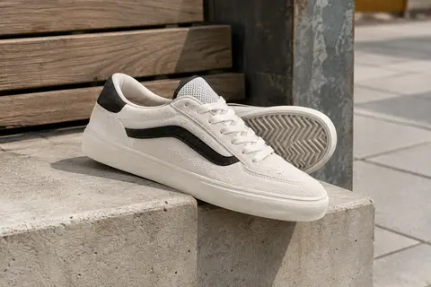 Basket de skate basse en suède blanc et noir, posée sur du béton près d’un banc en bois