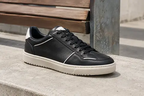 Sneaker basse en cuir noir et blanc avec semelle cupsole posée sur une dalle de béton